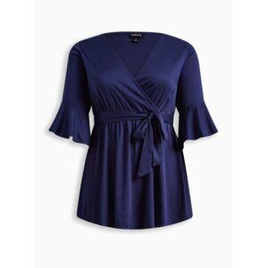 Torrid Women's Deep Blue Wrap Blouse with Flared 3/4 Length Sleeves -Size 1-NWOT